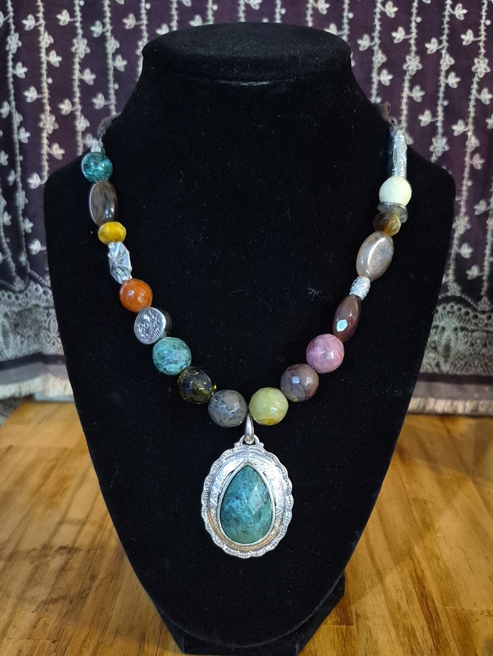 Multicolor Beaded Pendant Necklace with Turquoise-Style Stone